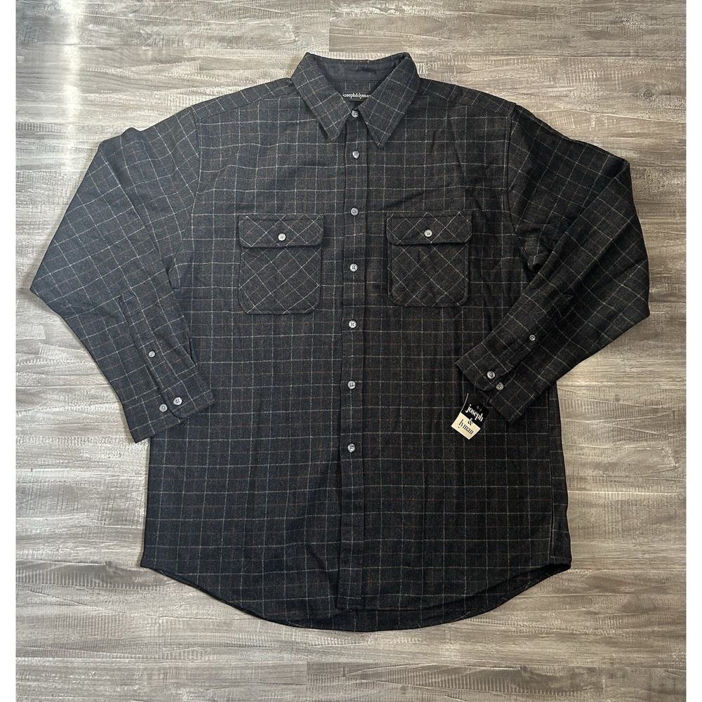 NWT Joseph & Lyman Wool Flannel Button Shirt Plaid Charcoal Black Mens L Checker
